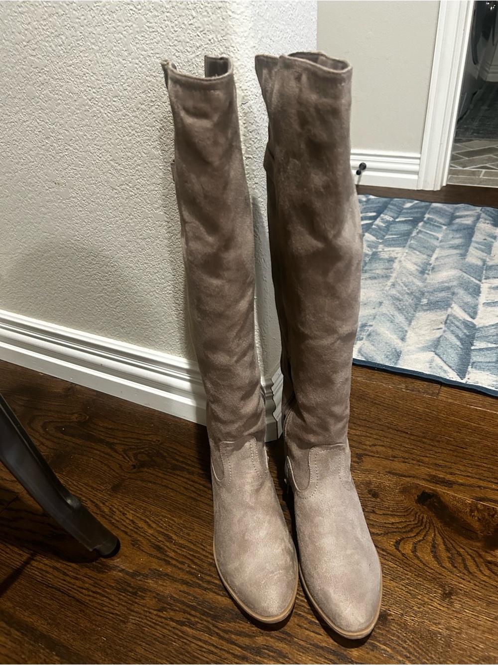 Tall Suede Over-the-Knee Boots in Taupe